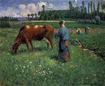 Писсарро Девочка погоняет корову с пастбища 1874г